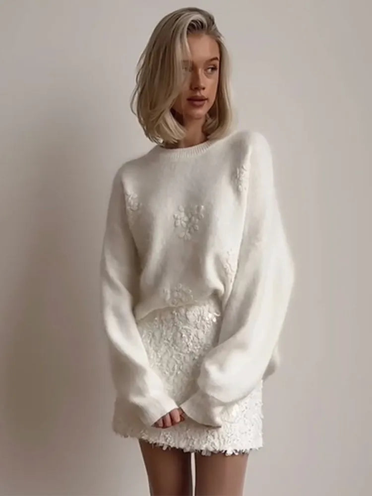 maoxiangshop - Fashion Lady Jacquard Embroidery Solid Knitted Sweater Casual O Neck Long Sleeves Loose Pullover Autumn Winter Chic Lady Jumpers