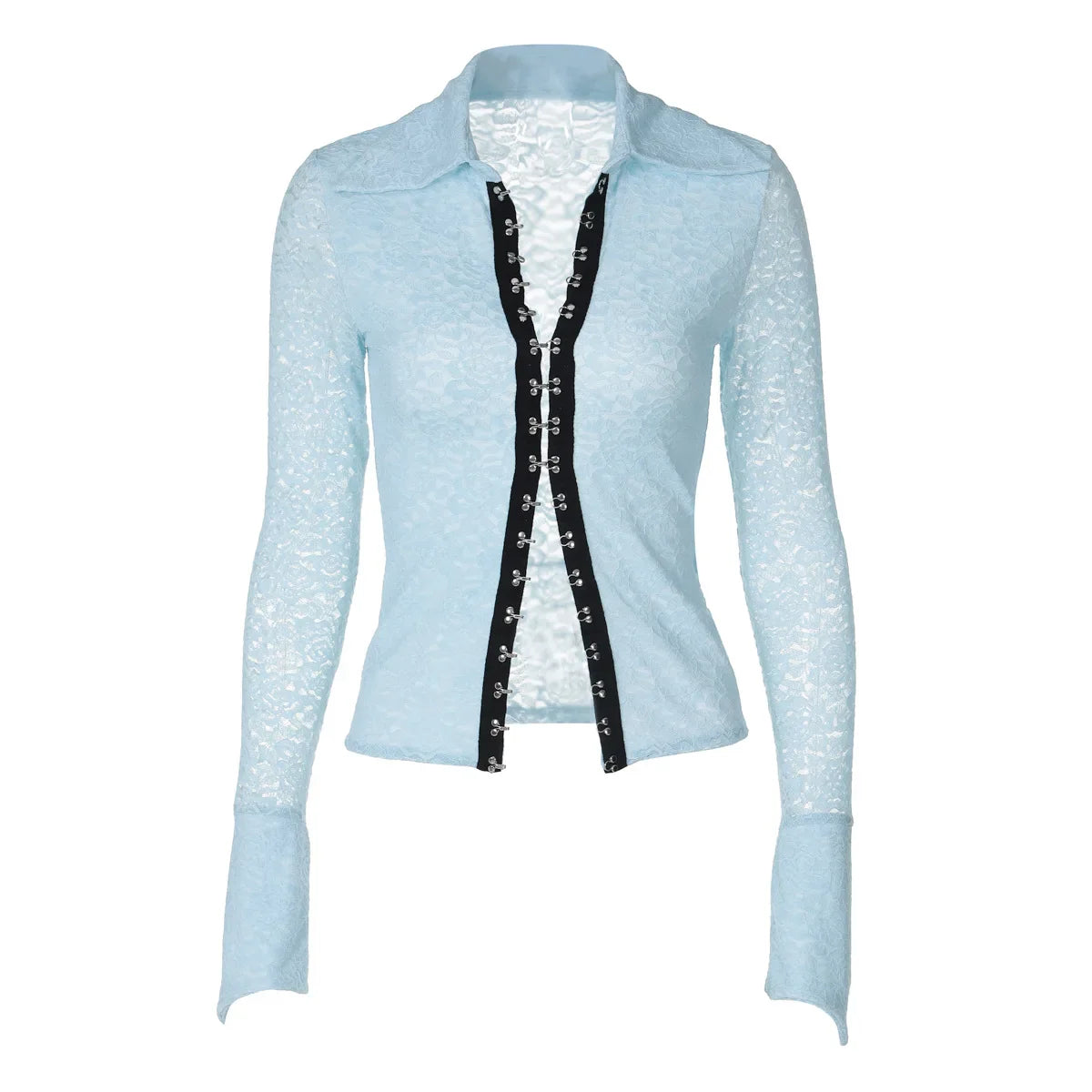maoxiangshop - 2024 Autumn Women Solid Lace Shirts Fashion Turn Down Collar Flare Long Sleeve Single Breasted Slim Tops Casual Streetwear