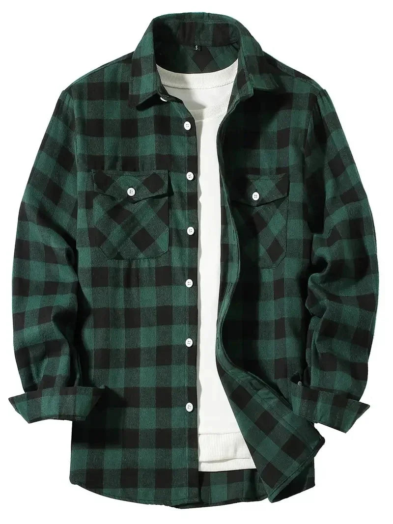 maoxiangshop Men's Shirts Button-Up Classic Plaid Smart Casual Flannel Shirt Long Sleeved Chest Two Pockets Design Spring Autumn Men Tops