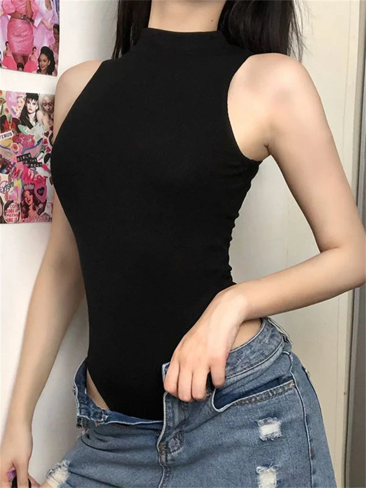 maoxiangshop Harajuku Solid Jumpsuit Women Sleeveless Bodycon Sexy Black Body Tops Fashion Streetwear Vintage Y2k Gothic Bodysuits Clothing