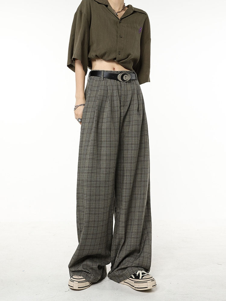 maoxiangshopClassic Retro Plaid Design Harajuku Straight Women Long Trousers Loose Wide Leg Pants Baggy Korean Fashion Y2k Streetwear