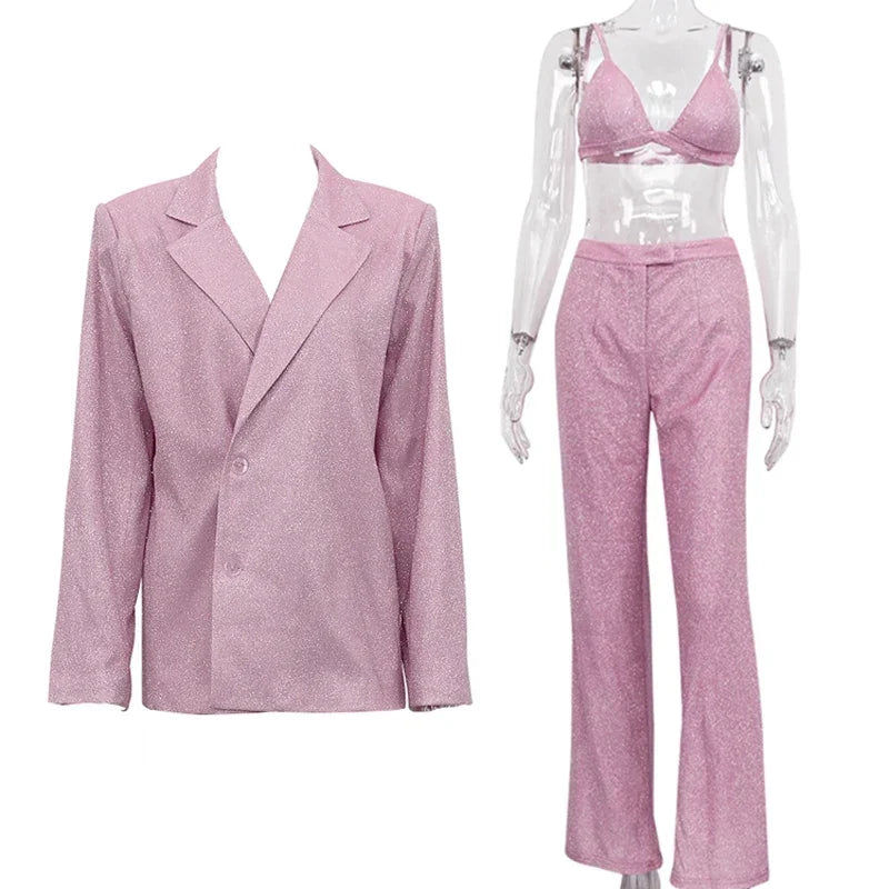 Sliver Sparkly OVersized Blazer Sets For Women Suit Ladies Casual Glitter Coat And Pants Sets Blazer Femme Mujer Party