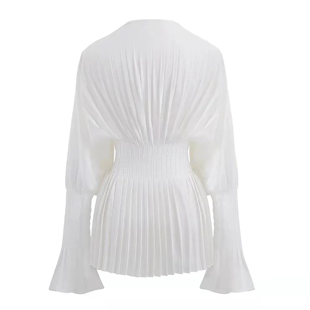 maoxiangshopElegant Women Loose White V-Neck Pleated Shirts Female Lantern Full Sleeve Tops Blouses Casual Blusas Spring Autumn