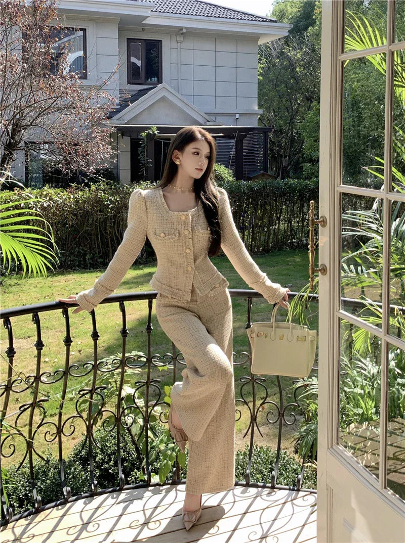 New Luxury Designer Wool Pants Suits Two Piece Sets Outfits Women Elegant Tweed Slim Long Trousers Short Coat Tops Lady Clothes