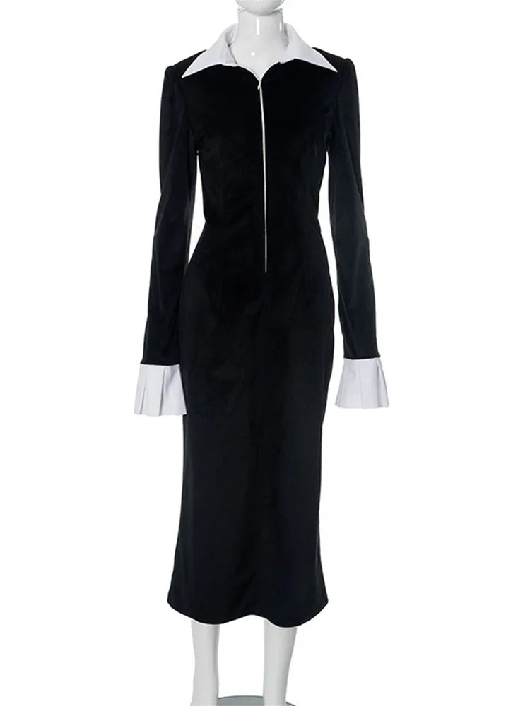 maoxiangshop - Elegant Lapel Zipper Long Dress For Women Ruffled Contrast Slim Fashion Commute High Waist Dress Ladies Autumn Maxi Dress