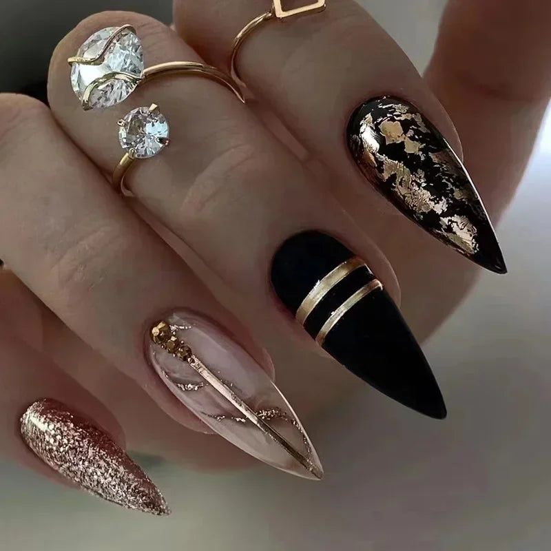 maoxiangshop 24Pcs False Nails With Glue Almond Pink Butterfly Design Detachable Rhinestones Acrylic Fake Nails long stiletto Press On Nails