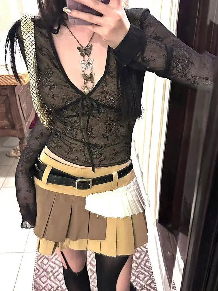 maoxiangshop - 2024 Coquette Aesthetic Mesh T Shirts Women Vintage V Neck Lace Bow Cropped Tops Y2k Sexy Slim Fit Long Sleeve Tee Shirts