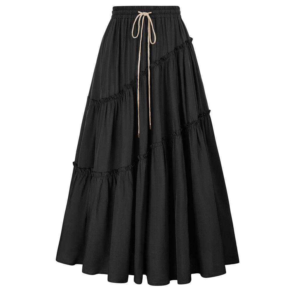 maoxiangshop Women Skirts Vintage Renaissance Tiered Swing Skirt Solid Casual Adjustable Drawstring Waist Maxi Skirt Large Hem Skirt