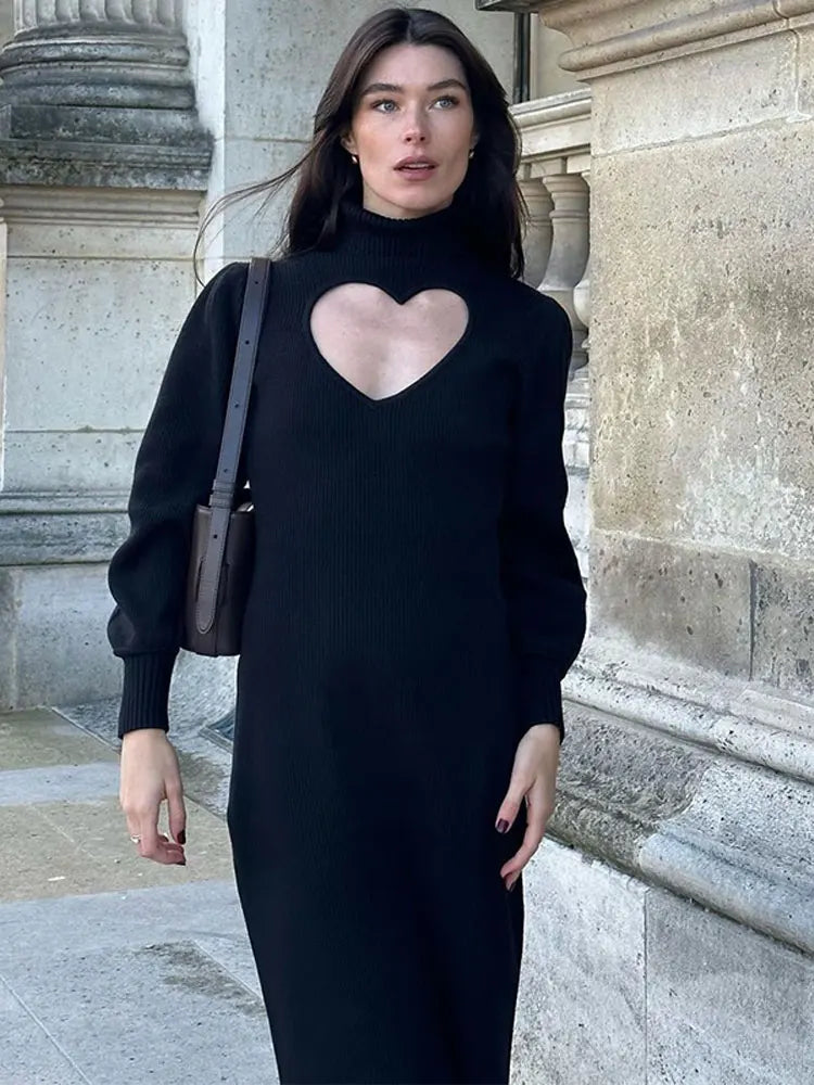 maoxiangshop - Women Heart Hollow Out Slim Long Dress Elegant Fashion Black Long Sleeve Dresses Autumn Party Street Lady Outerwear Vestido