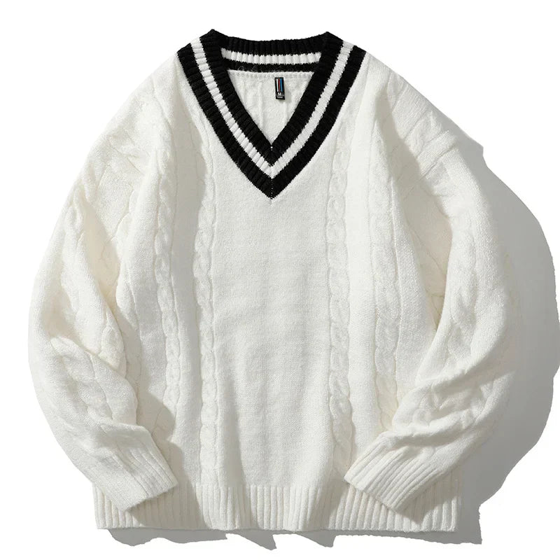 Matching V-neck Section Men's Knitted Sweater Ribbed Hem Fashion Splicing Pullover Korean Loose Autumn Knit Sweater