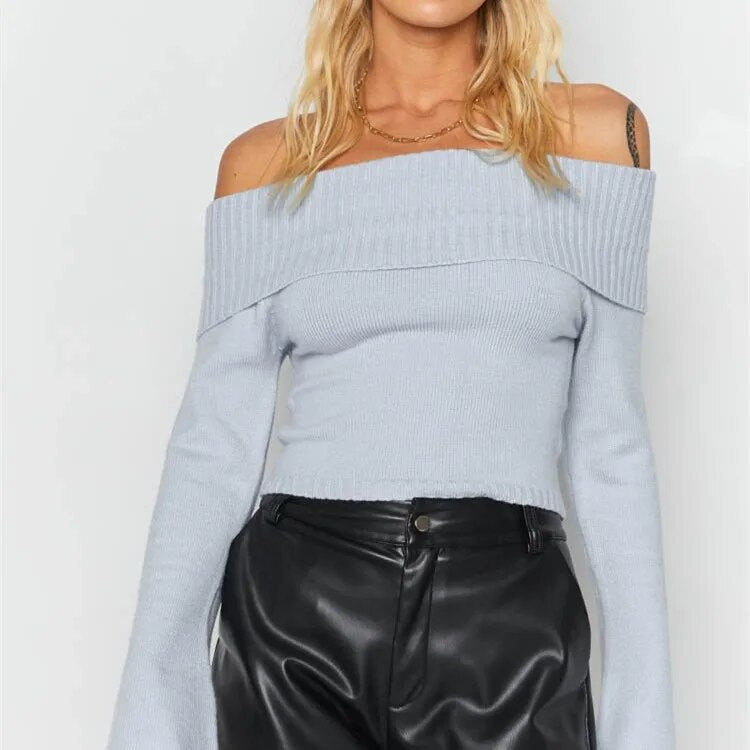 maoxiangshop Women Slash Neck Knitted Sweaters Tops Streetwear Long Sleeve Off Shoulder Ribbed Pullovers Slim Fit Causal Jumpers