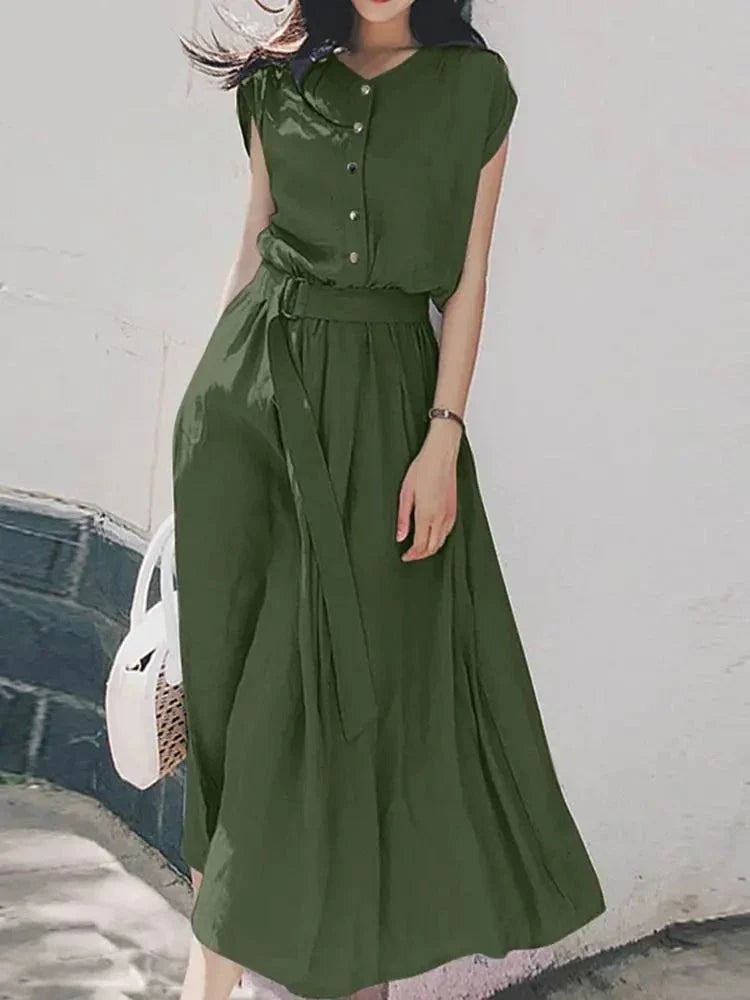 maoxiangshop Women Fashion Solid Holiday Sundress Summer Elegant Short Sleeve Party Midi Dress With Belted Casual OL Work Vestido Robe