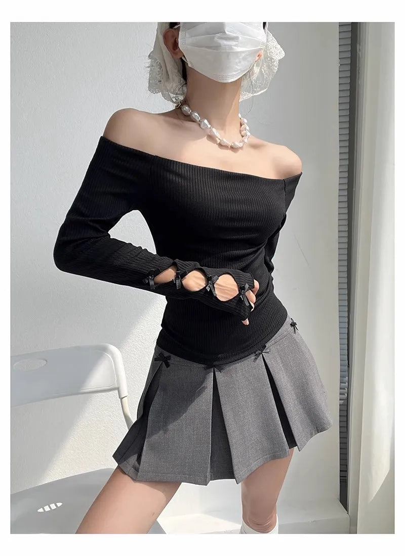 maoxiangshop - 2024 New Autumn Women Y2K T-Shirts Shoulder Streetwear Fairycore Hip Hop Tops Punk Casual Tees Female Clothes Leisure Fashion