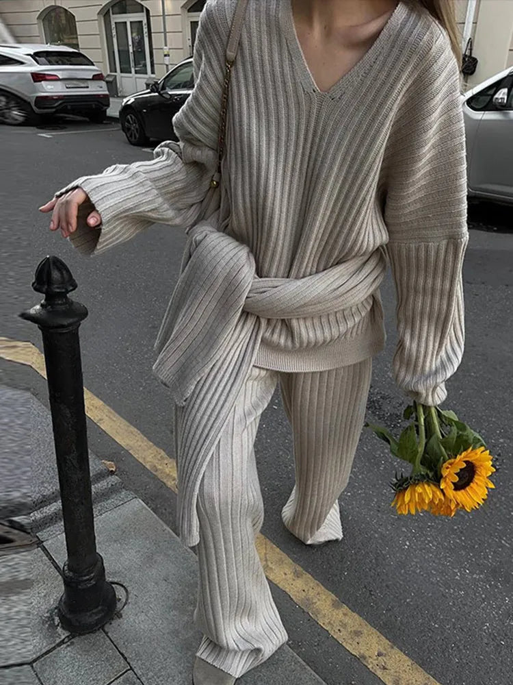 maoxiangshop - Knit Sweater Pants Set With Scarf Women Loose V-neck Long Sleeve Pullover Elastic Wide Leg Trouser Set 2024 Autumn Lady Outfits