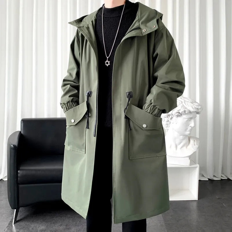 maoxiangshop Long Trench Coat Jacket Men Autumn Spring Black Hip Hop Japanese Coats Streetwear Male Hooded Army Green Casual Jackets