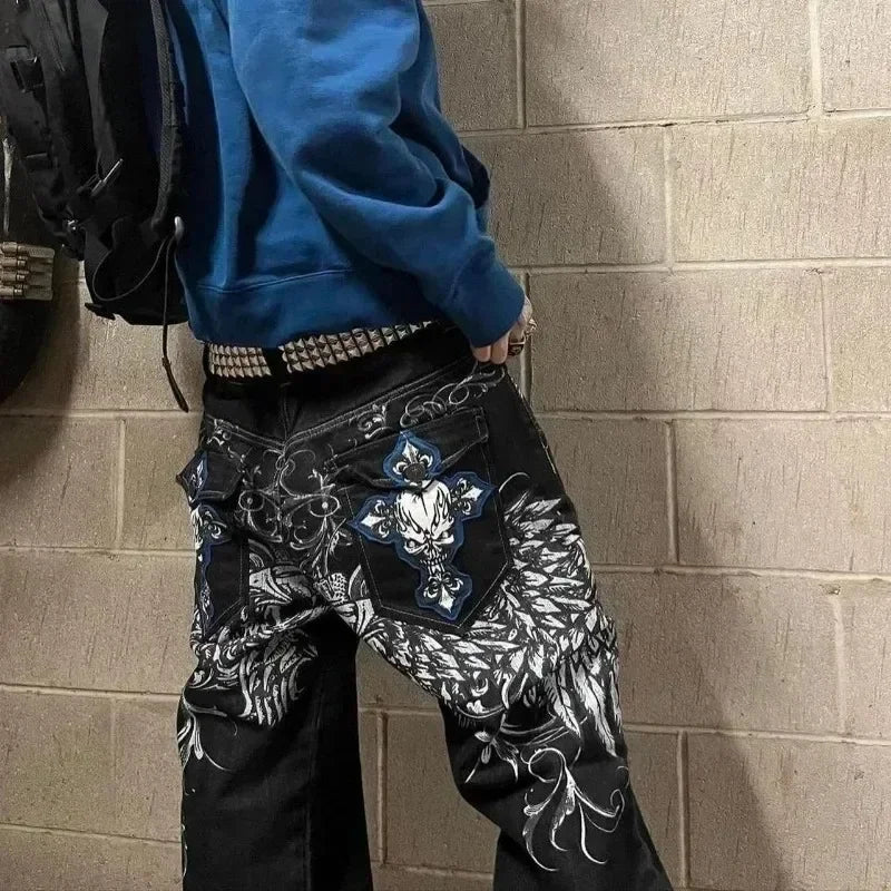 maoxiangshop - American Y2K geometric embroidery design high waisted jeans for women 2024 new autumn winter fashion trend aesthetic sweatpants