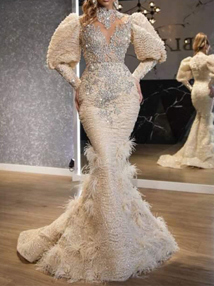 maoxiangshop Evening Gowns Women Party Dress Full Lace Beading Feather Prom Dresses Long Sleeves High Neck Robe De Soir¨¦e