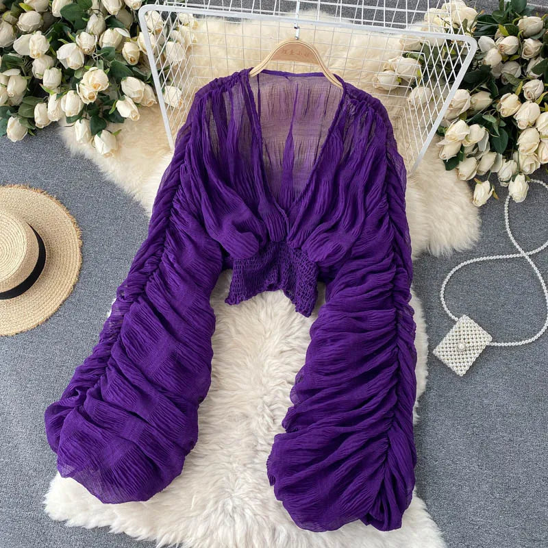 maoxiangshop-Women Sexy Chiffon Short Blouse Female See Through Super Long Sleeve Blusas Purple/Green/Black/White Folds Party Tops 2022 New