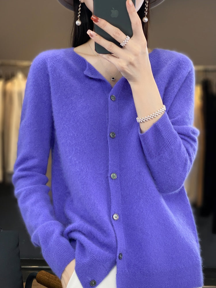 maoxiangshop Aliselect Long Sleeve Women Knitwear Cashmere Knit 100% Pure Merino Wool Spring Autume O-Neck Top Cardigan Sweater Clthing Coat