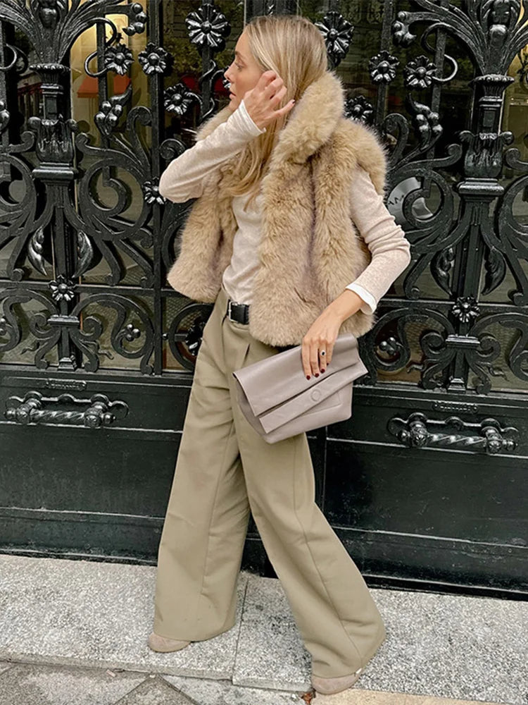 maoxiangshop - Elegant Faux Fur Women Vest Thicken Lapel Single Breasted Warm Lady Sleeveless Coat 2024 Fashion Autumn Winter Female Outwear