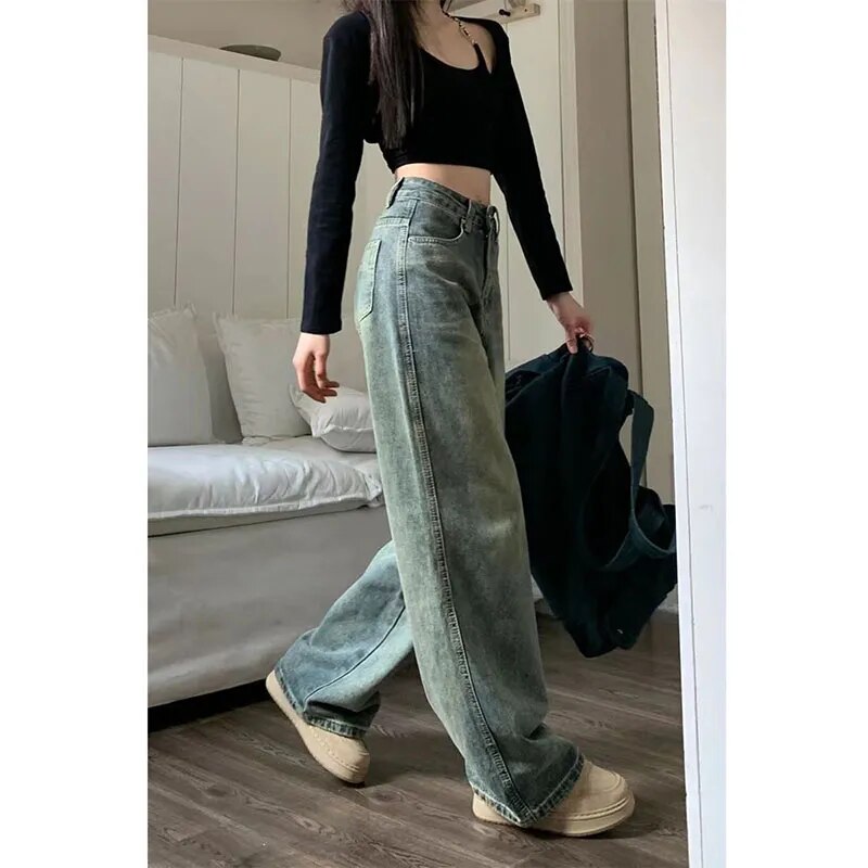 maoxiangshop1 Vintage 90S Baggy Straight Denim Trousers Female Y2K High Waist Loose Wide Leg Jeans Women Streetwear All-Match Casual Pants New
