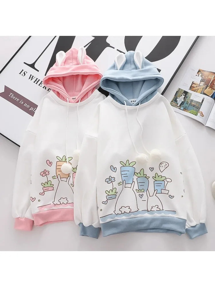 maoxiangshop Kawaii Women Hoodies Winter Long Sleeve Drawstring Fleece Hooded Sweatshirt Female Harajuku Rabbit Print Pullover Top