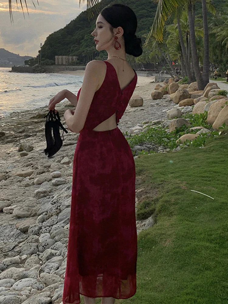 Women Summer New Elegent Sleeveless Red Spaghetti Strap Dress Female Fashion Party One Piece Vestidos Backless Clothes