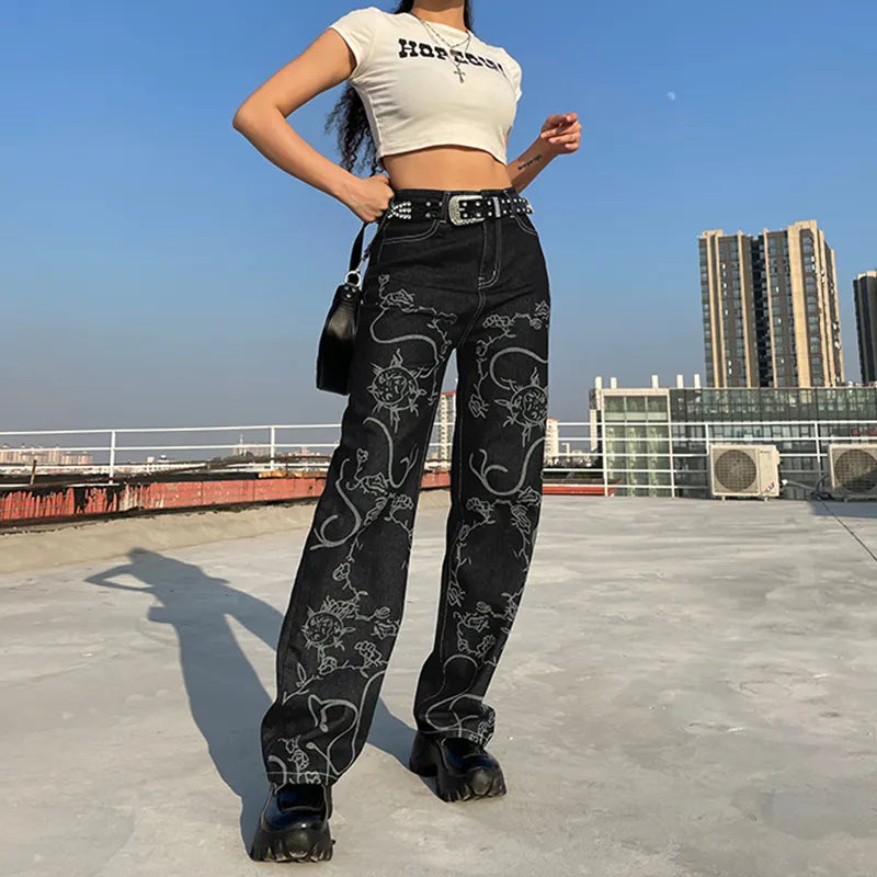 maoxiangshopBrown Baggy Girl Jeans Women Heart Print New Aesthetic Vintage 90s Streetwear Denim Trousers Low Waist Straight Pants