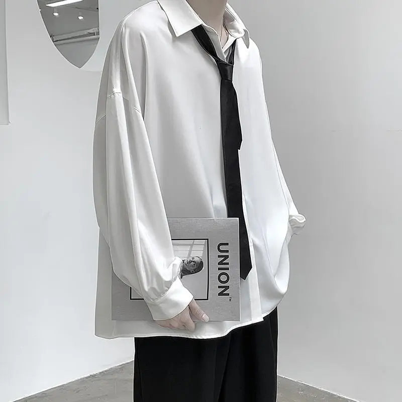 maoxiangshop Black Long-sleeved Shirts Men Korean Comfortable Blouses Casual Loose Single Breasted Shirt With Tie