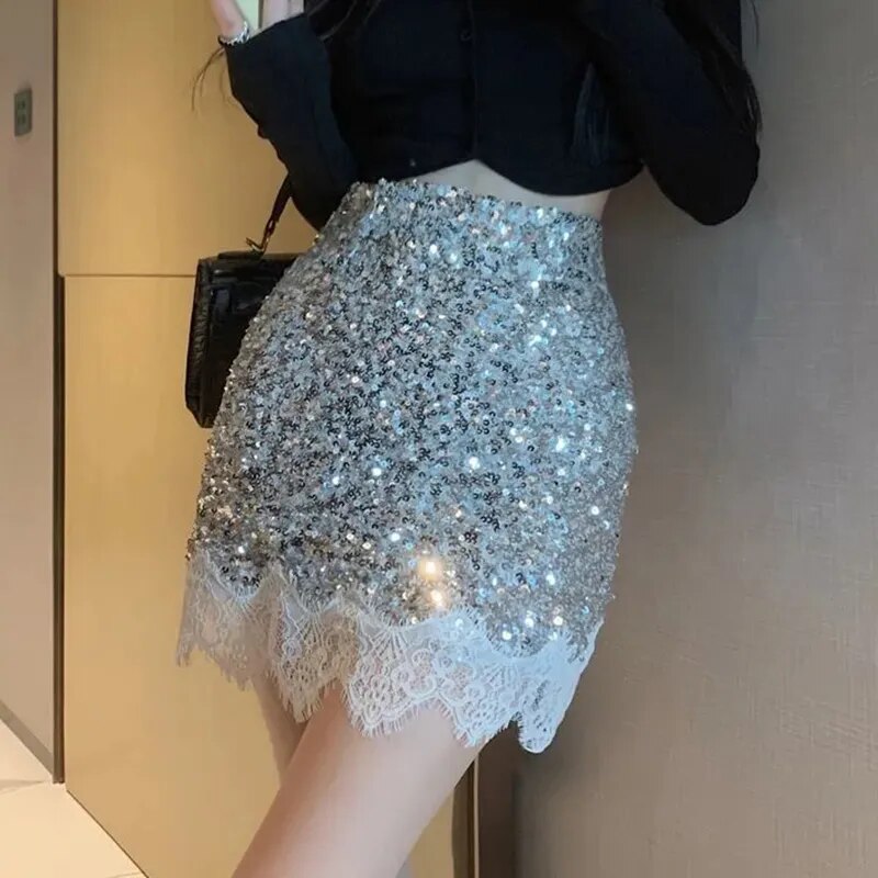 maoxiangshop Sexy Silver Sequin Skirt Woman Lace Patchwork High Waist Mini Skirts for Women Shiny Party Night Club Dance Skirt Ladies