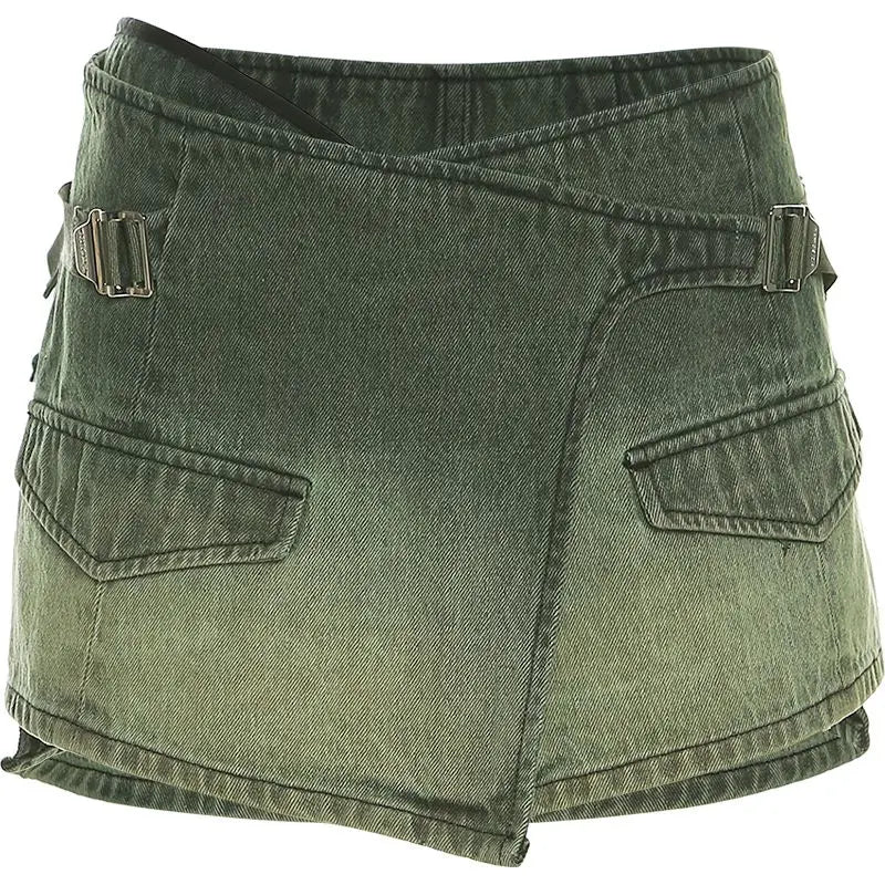 maoxiangshop - Y2k Punk Mini Skirts Women Green Vintage Denim Low Waist Hotsweet Streetwear Chic Safari Style Irregular Harajuku Gothic Summer