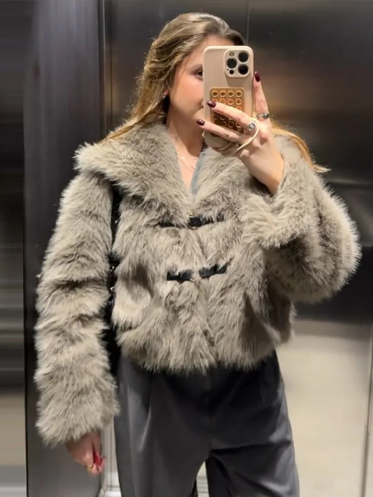 maoxiangshop - Vintage Faux Fur Button Coats Women Winter Loose Solid Plush Lapel Cost Female Autumn Warm Versatile High Street Outwear