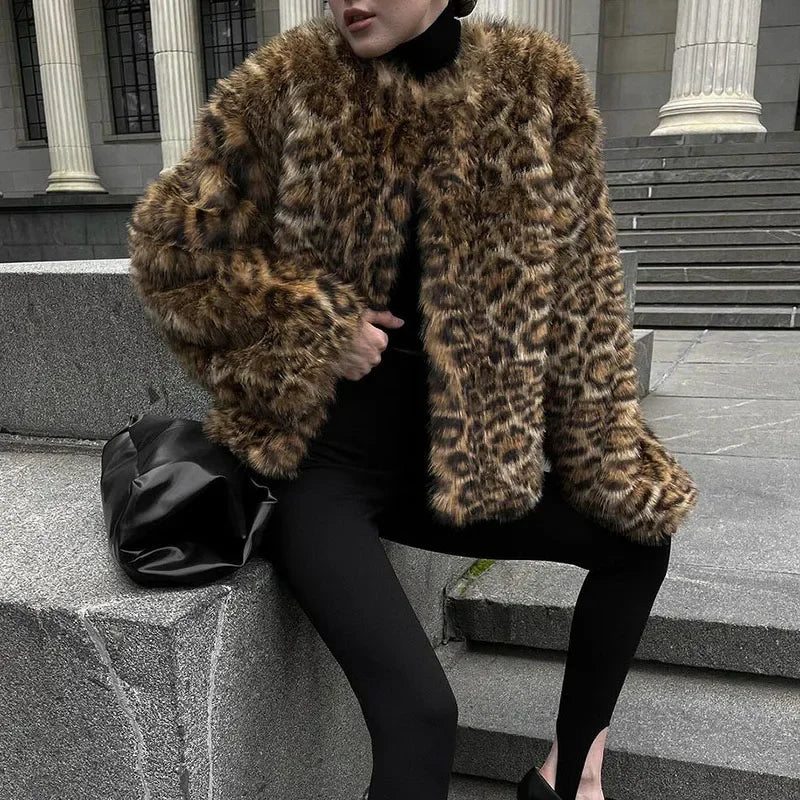 maoxiangshop - Elegant Faux Fur Women Coat Thicken Full Sleeve O Neck Lady Short Jacket 2024 Autumn Winter Warm Highstreet Female Outwear