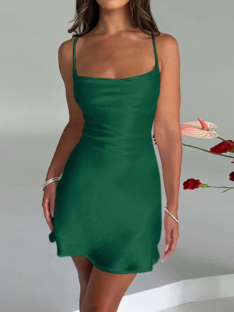 maoxiangshop-Women's Satin Cowl Neck Sleeveless Spaghetti Strap Cami Mini Dress Criss Cross Backless Cocktail Party Short Dresses
