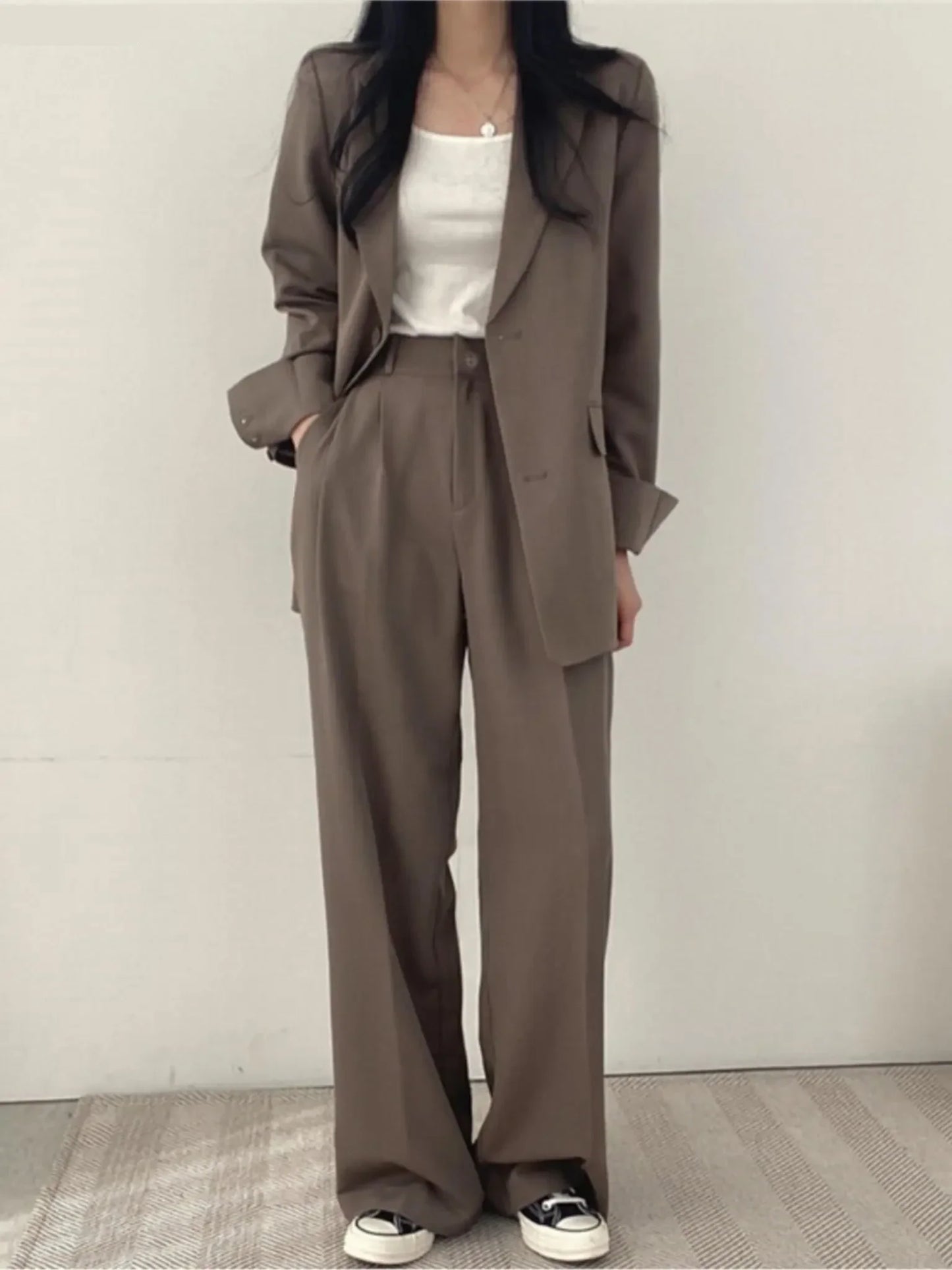Korean Office Lady Fashion Blazer Suit Women's Two-Piece Set Casual Button Jacket Wide Leg Pants Outfits Work Clothes Autumn New