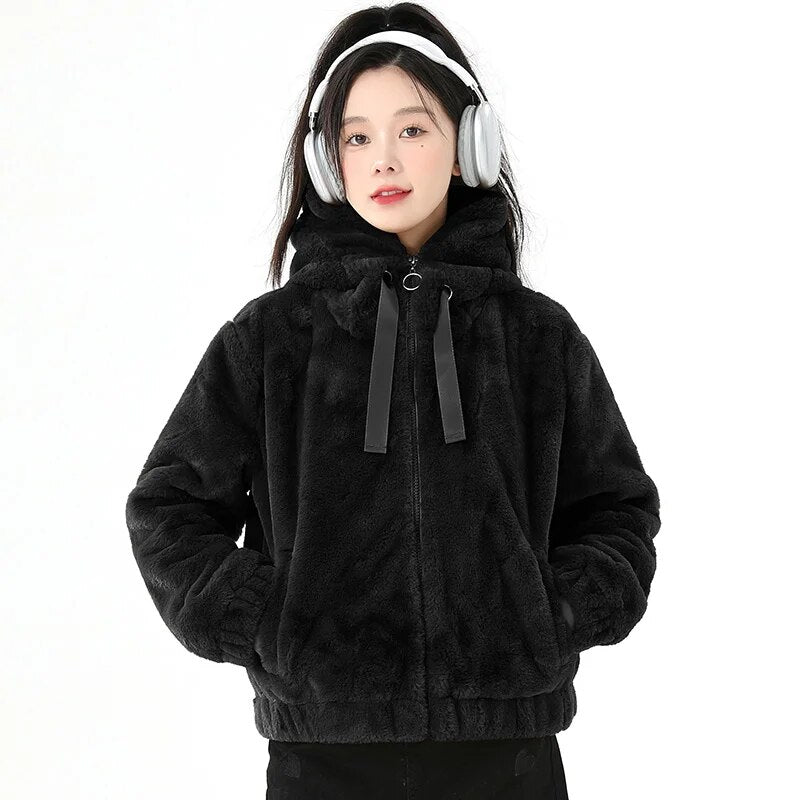 Lady Female Winter New Korean Edition Hooded Fashion Plush Thickened Coat Women'S Loose Relaxed Versatile Plush Warm Jacket Top