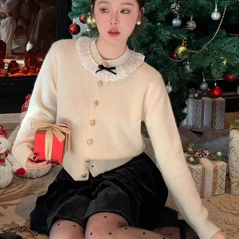 maoxiangshop - Fashion Lace Patchwork Knitting Cardigan Coat Women Autumn Winter Elegant Loose Sweater Temperament All-match Knitwear Tops