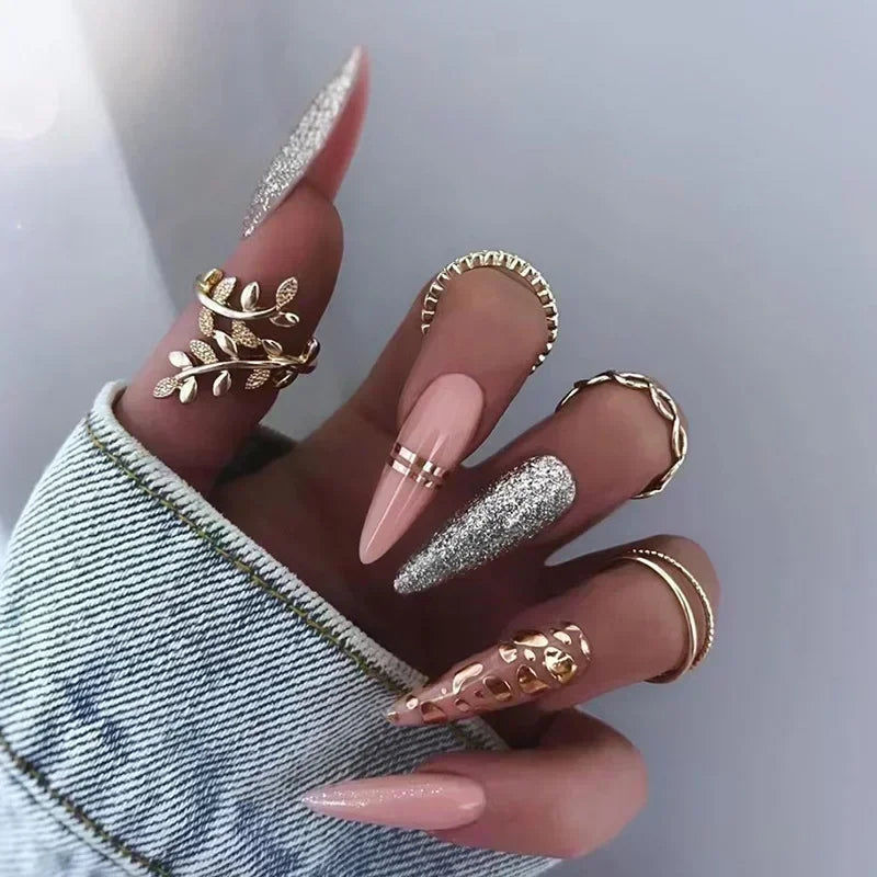 maoxiangshop 24Pcs False Nails With Glue Almond Pink Butterfly Design Detachable Rhinestones Acrylic Fake Nails long stiletto Press On Nails