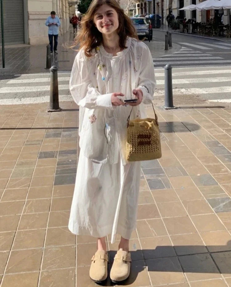 maoxiangshop - Chic Cute Floral Embroidery Blouse Women+Long Skirts Set Cotton Ruffle O-neck Blouse Woman Suit Loose Skirts Vacation Outfit