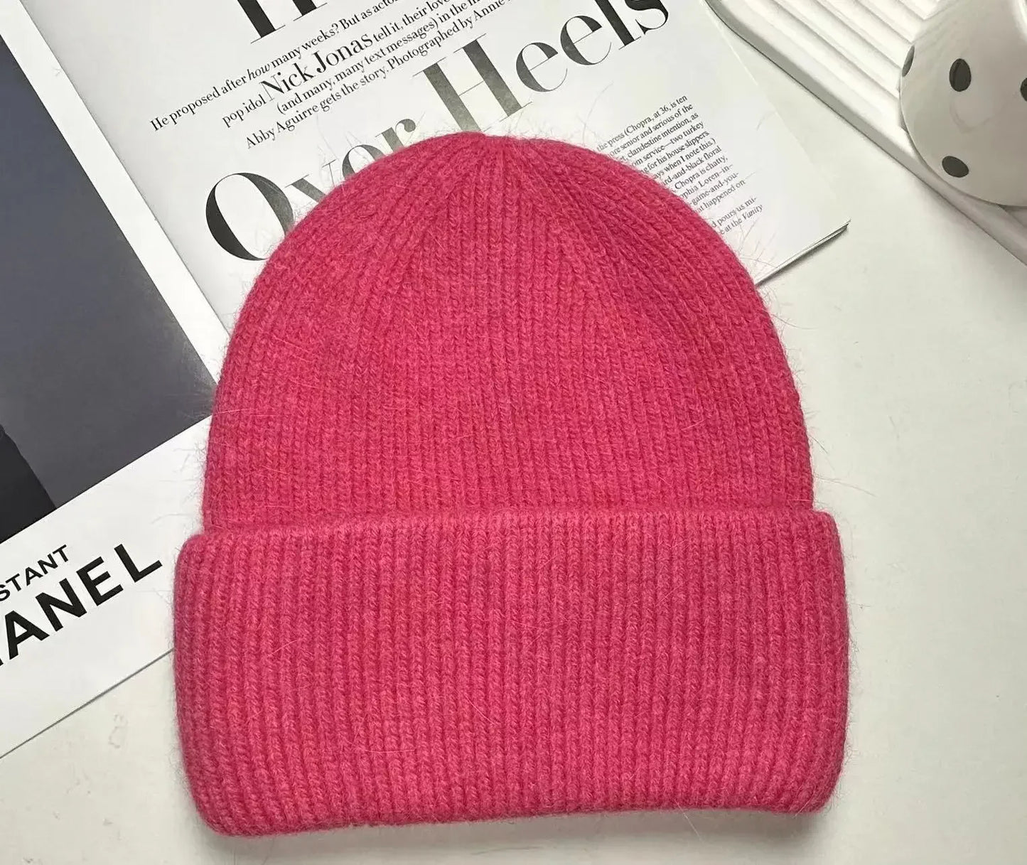 maoxiangshop 21colors Autumn Angola Rabbit Fur Knitted Beanies Winter Skullies Women's Hat Fashion Solid Warm Cashmere Wool Three Fold Thick