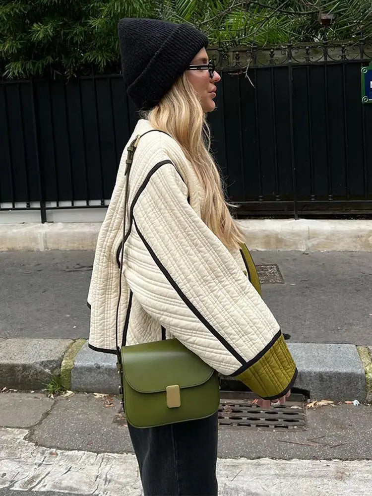 maoxiangshop - 2024 Women Chic Contrast Patchwork Cotton Jacket Elegant Stand Collar Single Breasted Pockets Coat Fall Winter Lady Chic Outwear