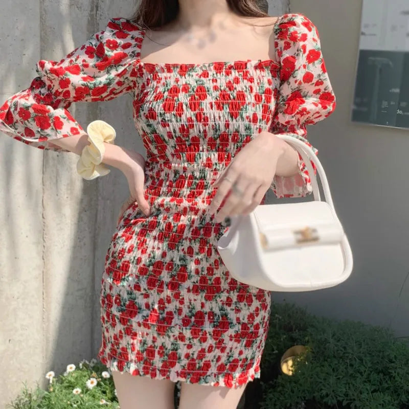 maoxiangshop Spring Summer Square Collar Floral Dress Women Temperament Slim Waist Bag Hip Skirt French Retro Dresses