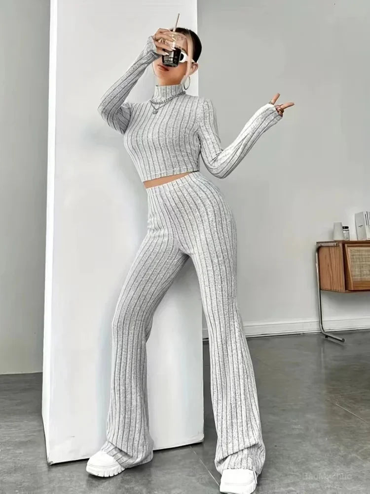 maoxiangshop- Spring Knitted 2 Piece Sets Women Tracksuit Long Sleeve Vintage Sweater Crop Top Flare Pants Stretch Matching Suit Outfit