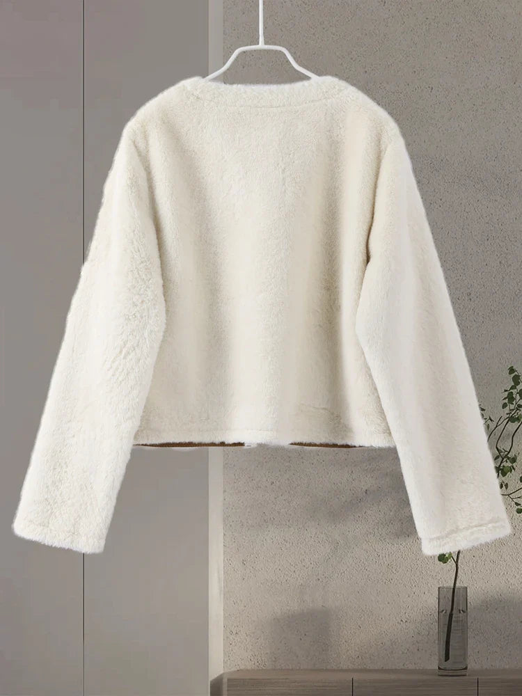 maoxiangshop - 2024 Winter Lambs Wool Jacket Coat Loose O-neck Leather Knot Buckle Long Sleeve Plush Jackets Autumn Fashion Lady Solid Outwear