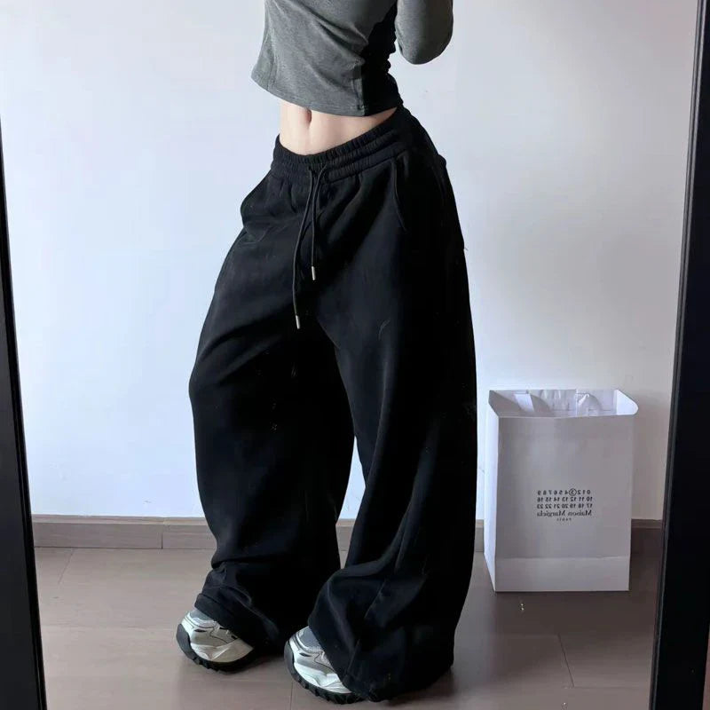 maoxiangshop - Women Streetwear Oversized Black Joggers Harajuku Hip Hop Wide Leg Pants Winter Korean Thick Baggy Trousers