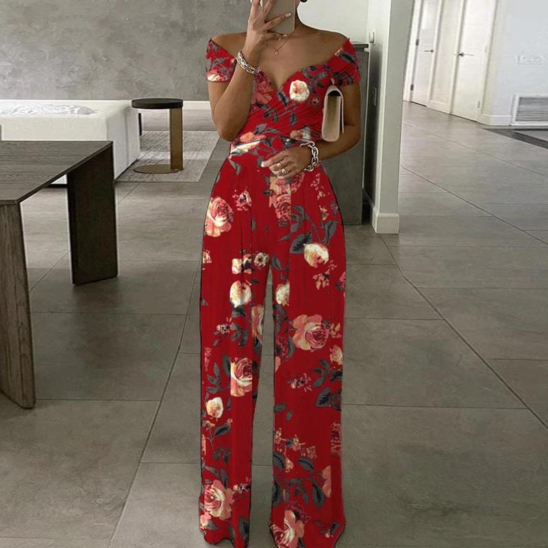 maoxiangshop Sexy Outfit Off Shoulder Print Wide Leg Jumpsuit Women Summer Casual Boho Casual High Waist Jumpsuits Clothes Overalls