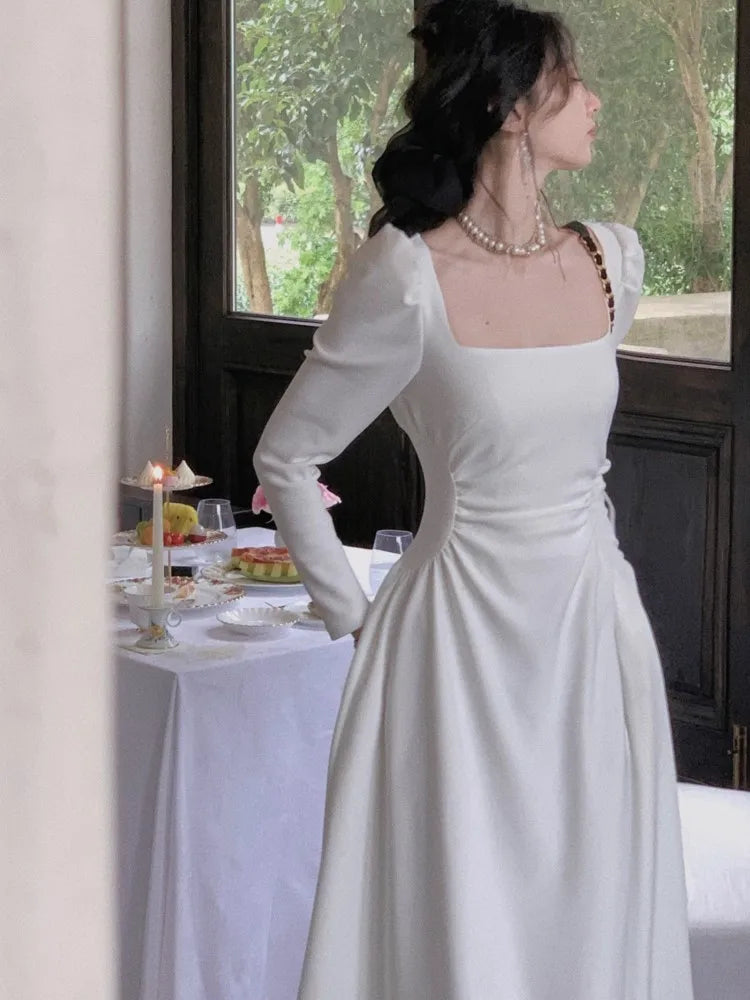 maoxiangshop 1 Spring New Elegant Square Collar Midi Party Dress For Women Long Sleeve Black White Slim Vestidos Female Clothes