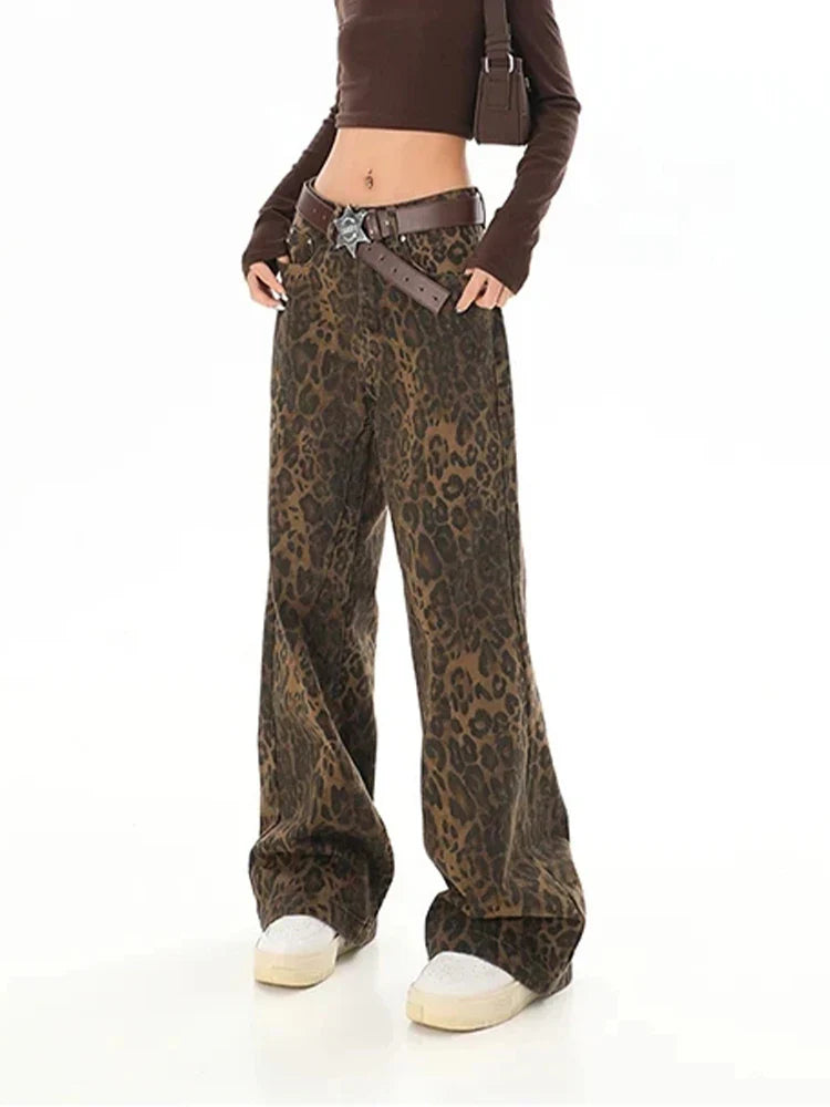 maoxiangshop Tan Leopard Jeans Women Denim Pants Female Oversize Wide Leg Trousers Streetwear Hip Hop Vintage Clothes Loose Casual