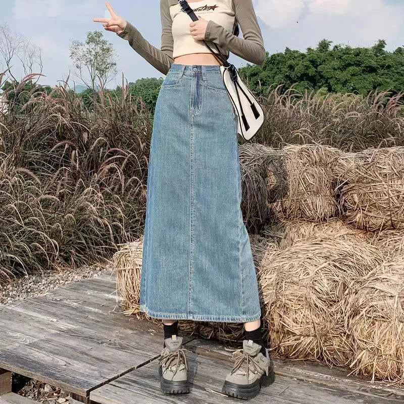 Lucyever Split Denim Skirt for Women 2024 Spring Summer New Y2K High Waist Long Skirt Female Vintage Blue A-Line Jean Skirts