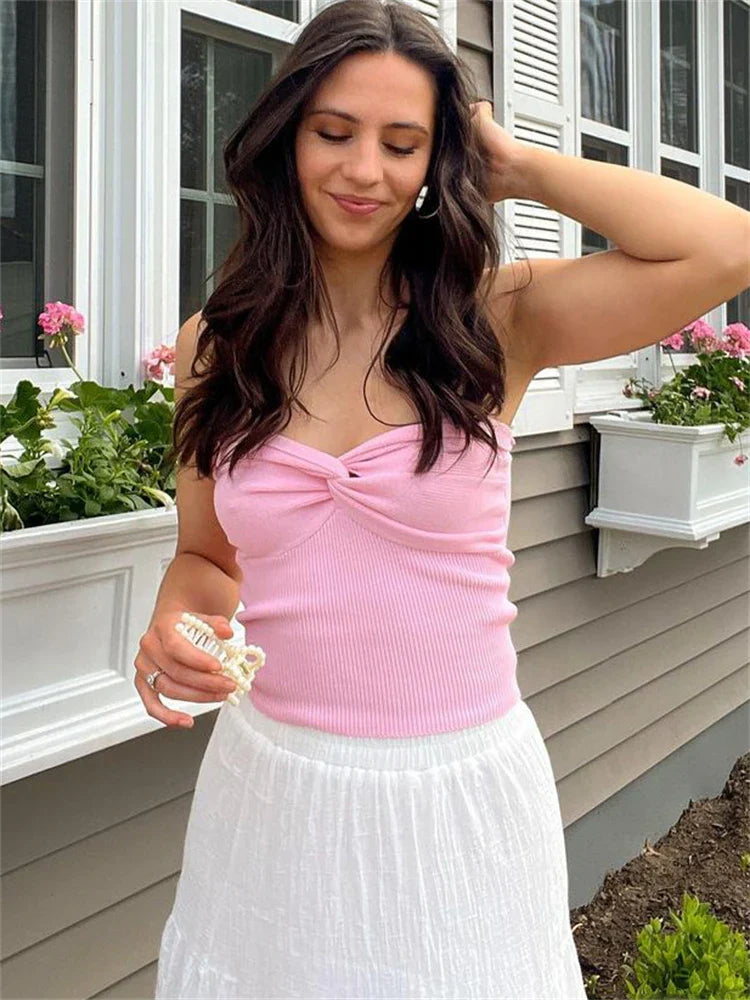 maoxiangshop - Twist Tube Tops For Women Sexy Strapless Corset Top Tee Off-Shoulder Cute Y2k Cropped Tops Knit Bustier Summer Streetwear